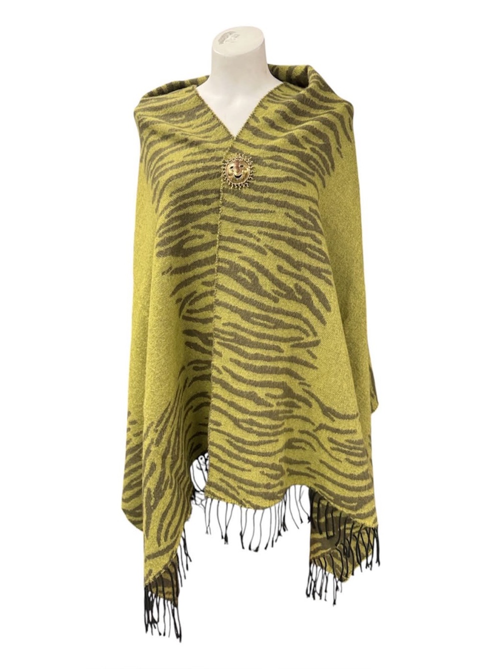 Olive Zebra-Print Hooded Poncho with Decorative Brooch Size O/S